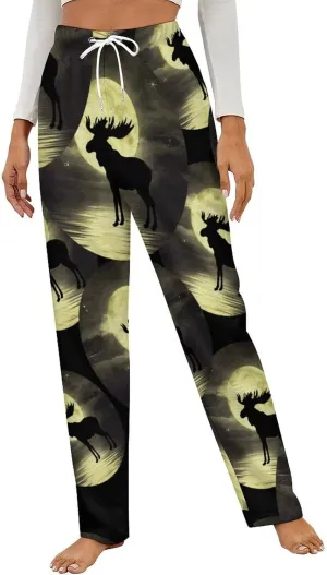 Moose Night Women's Flannel Pajama Pants Fleece Lounge Sleep Bottoms PJ