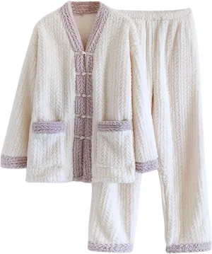 Mzkdieey Women Fuzzy Warm Fleece Pajamas Sets Winter Flannel Sleepwear Long Sleeve Button Front Fuzzy Top and Pants Set