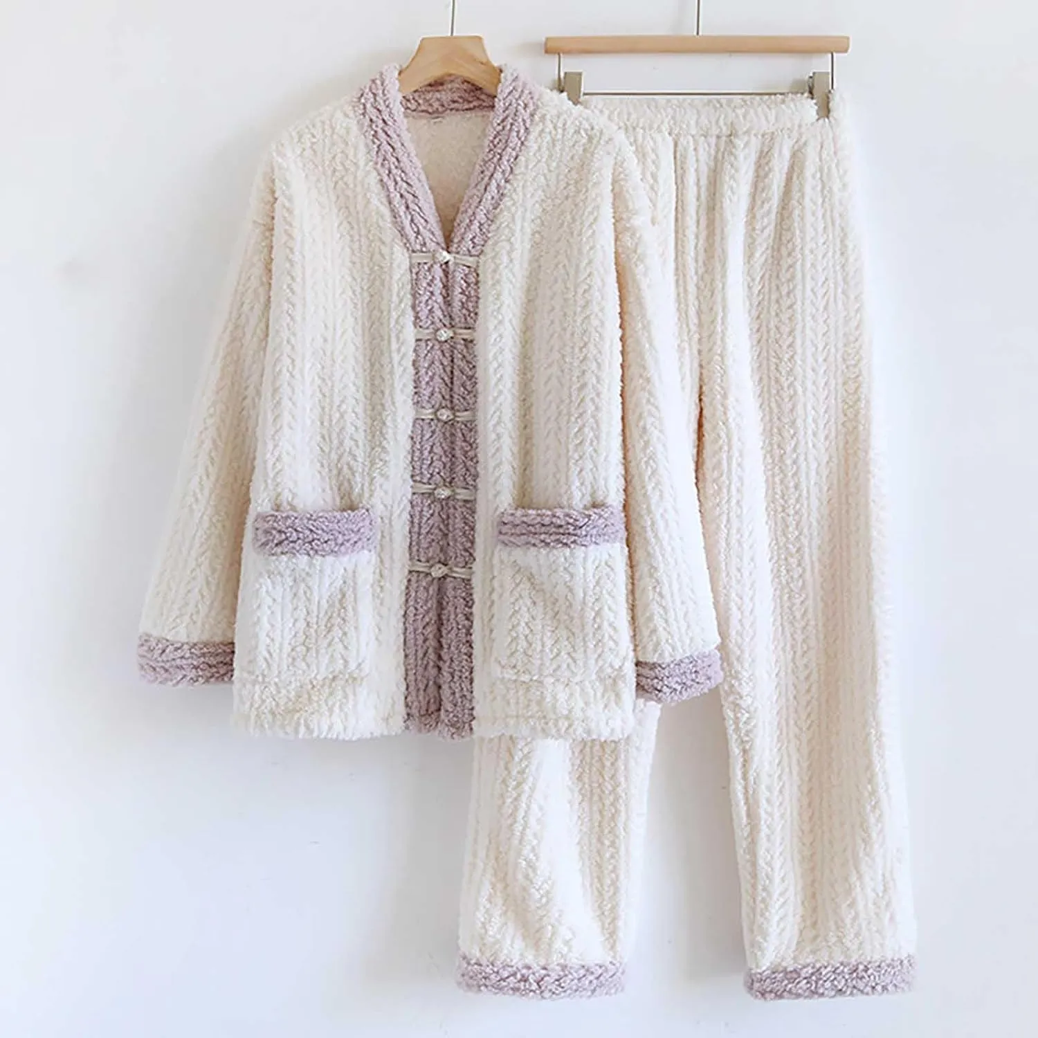 Mzkdieey Women Fuzzy Warm Fleece Pajamas Sets Winter Flannel Sleepwear Long Sleeve Button Front Fuzzy Top and Pants Set