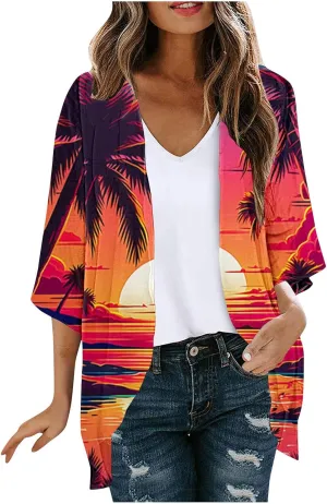 Mzkdieey Women Kimono Cardigans Casual Summer Tops Cover up Open Front Hawaiian Beach Palm Tree Print Swimwear Resort Wear