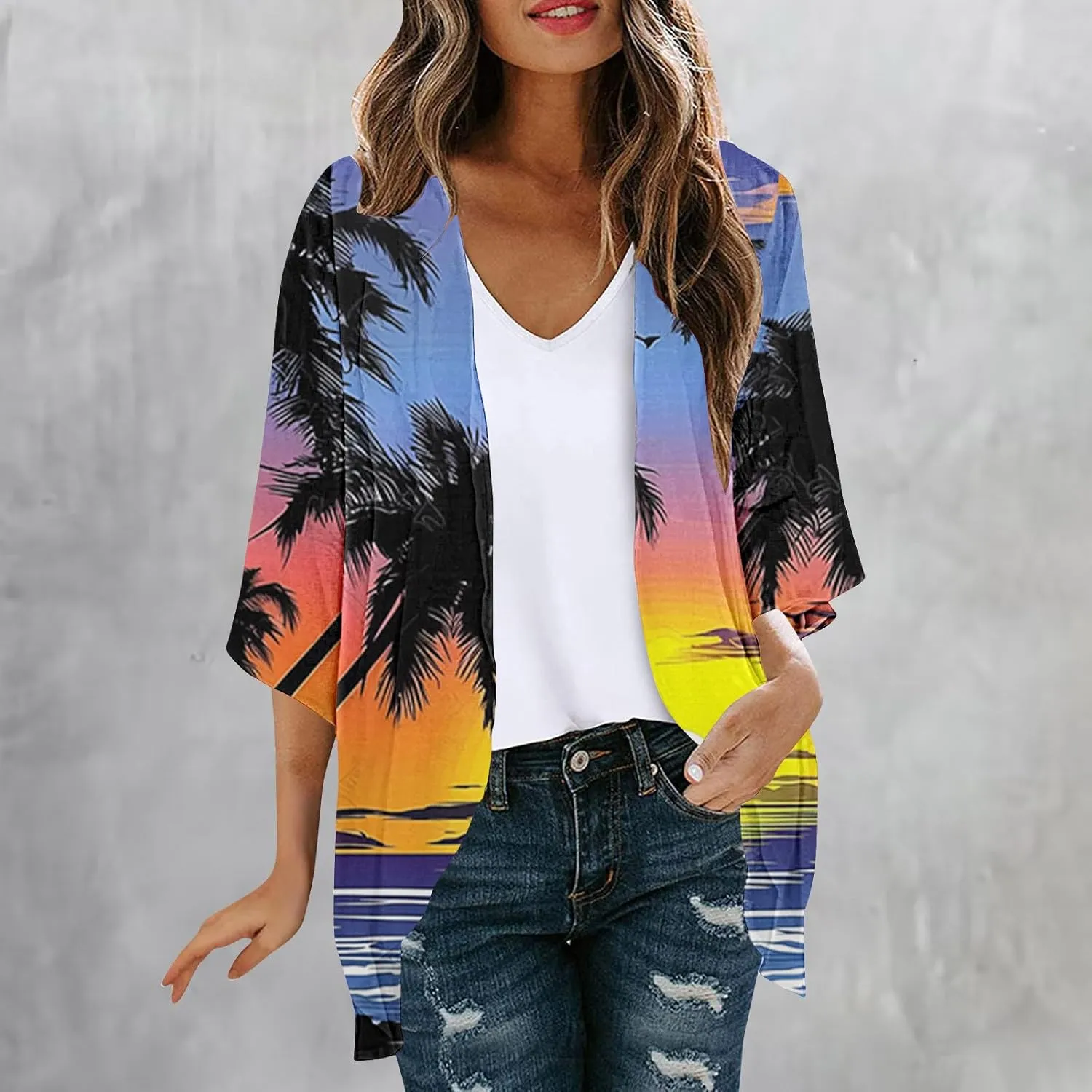 Mzkdieey Women Kimono Cardigans Casual Summer Tops Cover up Open Front Hawaiian Beach Palm Tree Print Swimwear Resort Wear