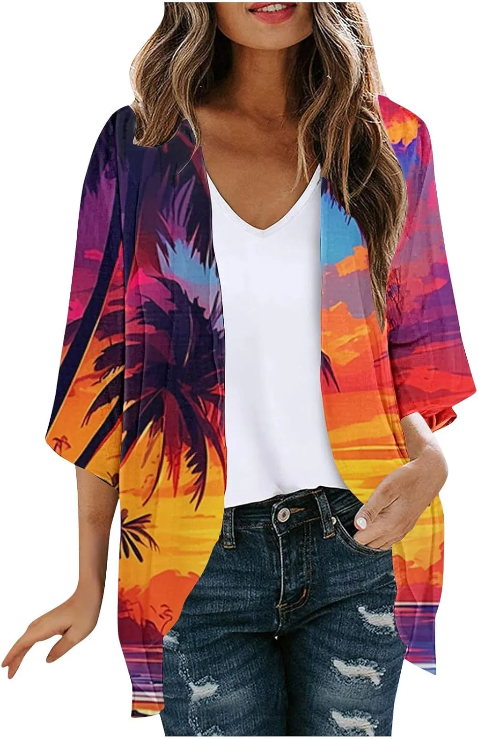 Mzkdieey Women Kimono Cardigans Casual Summer Tops Cover up Open Front Hawaiian Beach Palm Tree Print Swimwear Resort Wear
