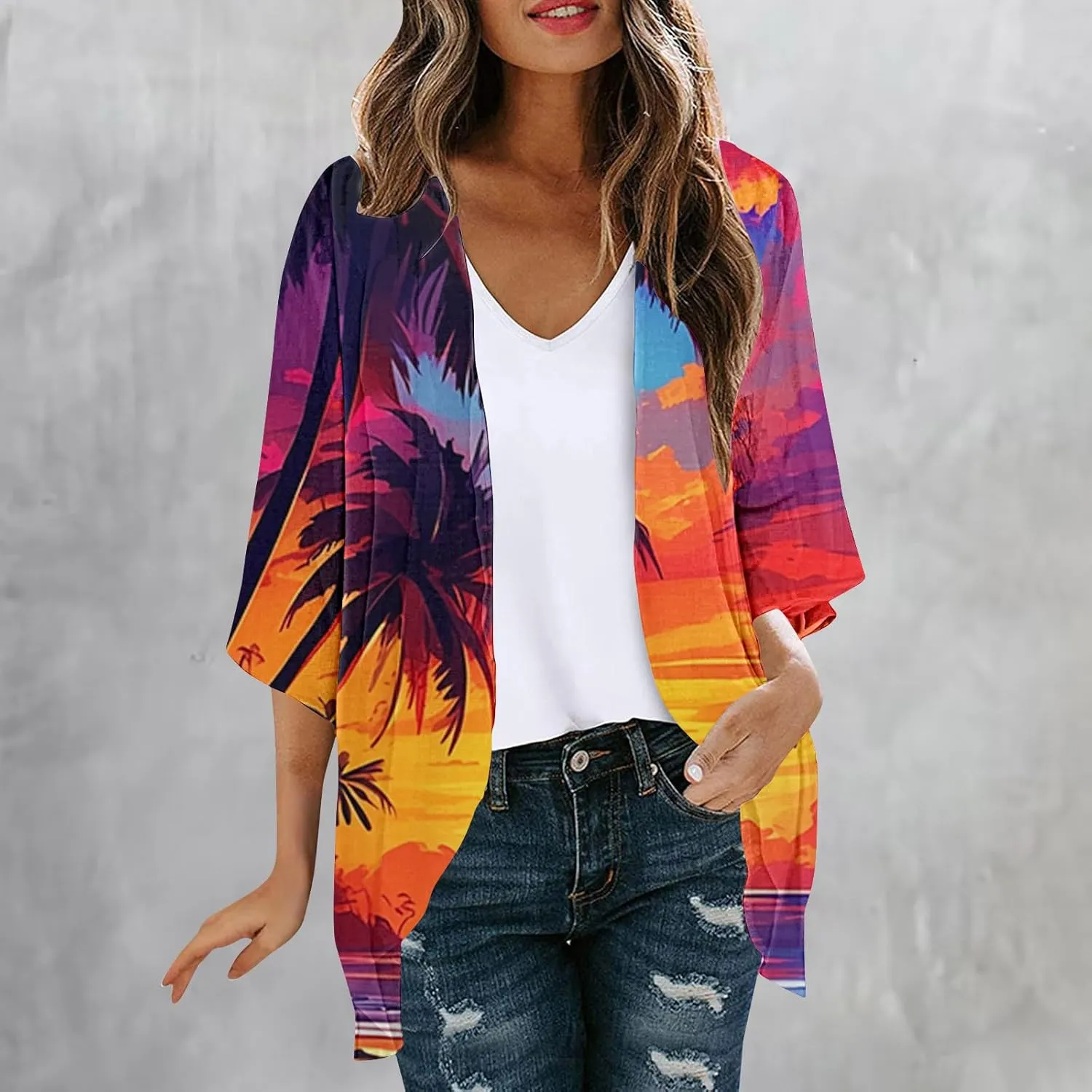 Mzkdieey Women Kimono Cardigans Casual Summer Tops Cover up Open Front Hawaiian Beach Palm Tree Print Swimwear Resort Wear