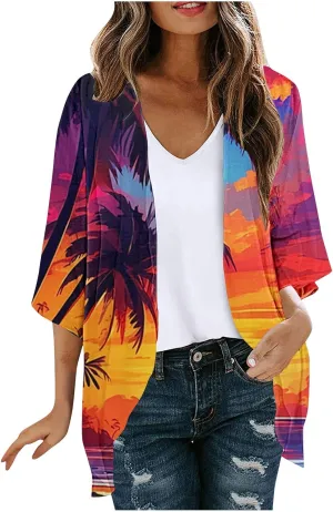 Mzkdieey Women Kimono Cardigans Casual Summer Tops Cover up Open Front Hawaiian Beach Palm Tree Print Swimwear Resort Wear