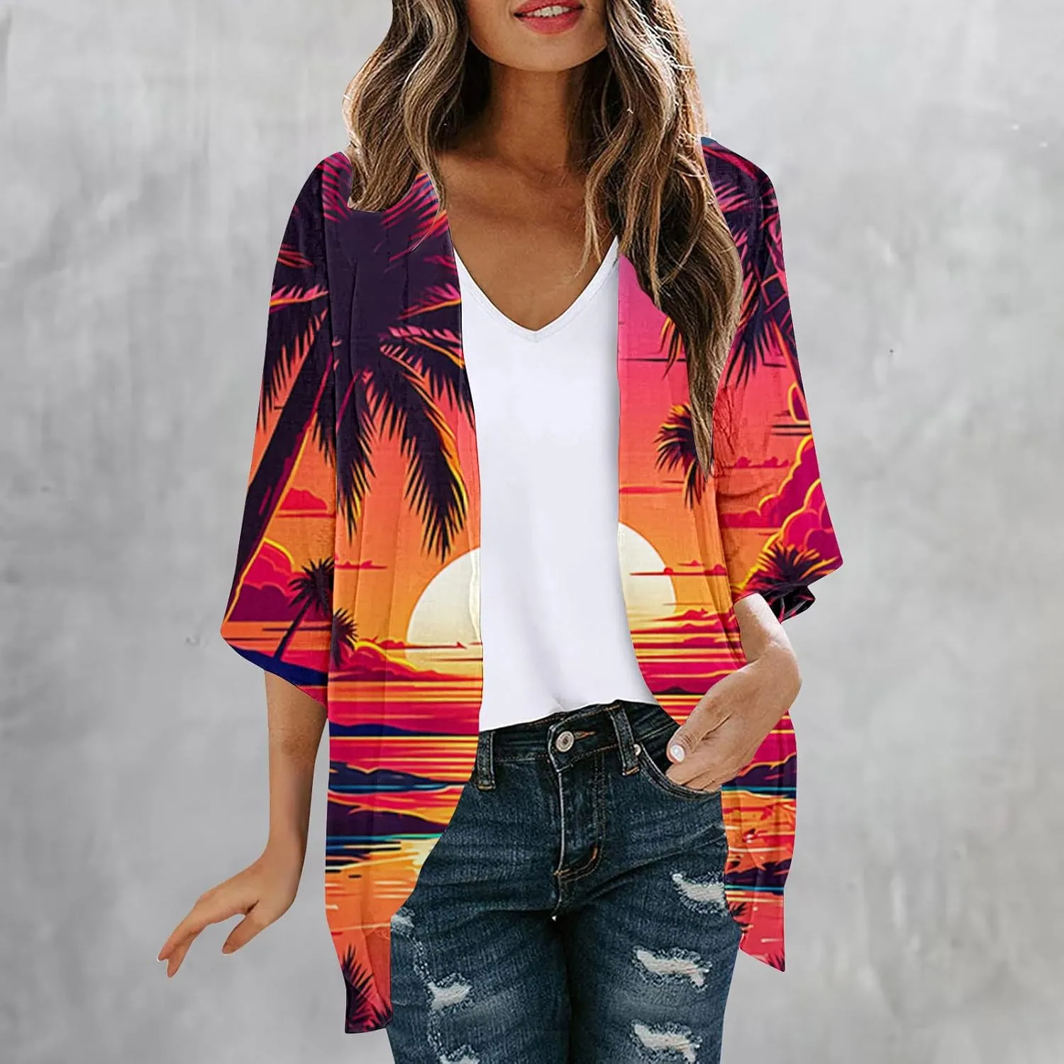 Mzkdieey Women Kimono Cardigans Casual Summer Tops Cover up Open Front Hawaiian Beach Palm Tree Print Swimwear Resort Wear