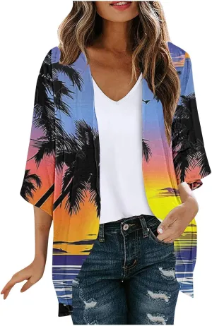 Mzkdieey Women Kimono Cardigans Casual Summer Tops Cover up Open Front Hawaiian Beach Palm Tree Print Swimwear Resort Wear