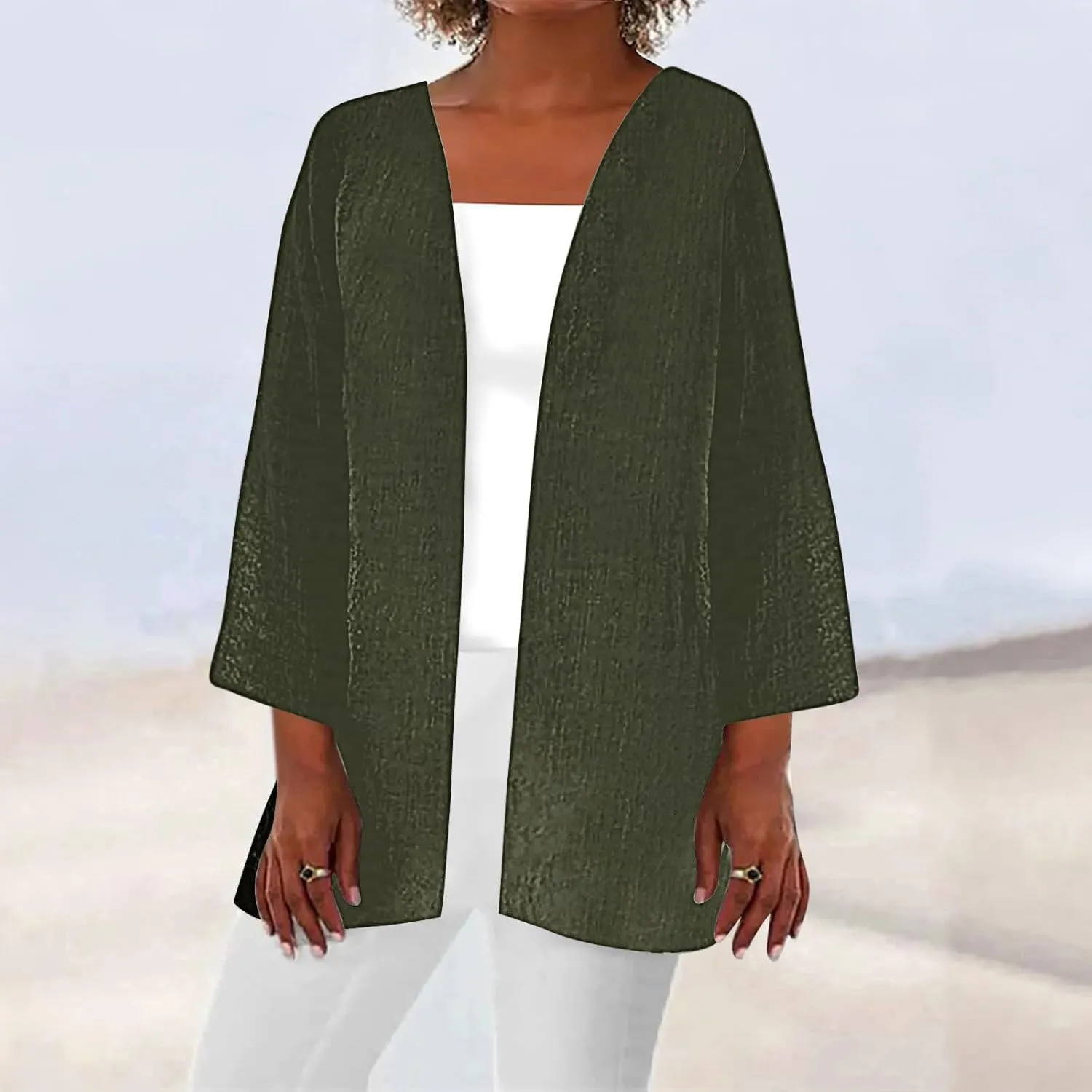 Mzkdieey Women Summer Bikini Kimono Bathing Suit Cover Ups Long Sleeve Open Front Blouse Tops Casual Loose Shirts