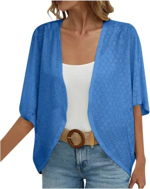 Mzkdieey Women's Eyelet Embroidery Kimono Cardigan Summer Swimsuit Cover Ups Open Front Short Sleeve Beach Robe Resort Wear