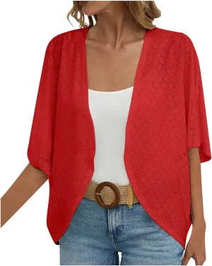 Mzkdieey Women's Eyelet Embroidery Kimono Cardigan Summer Swimsuit Cover Ups Open Front Short Sleeve Beach Robe Resort Wear