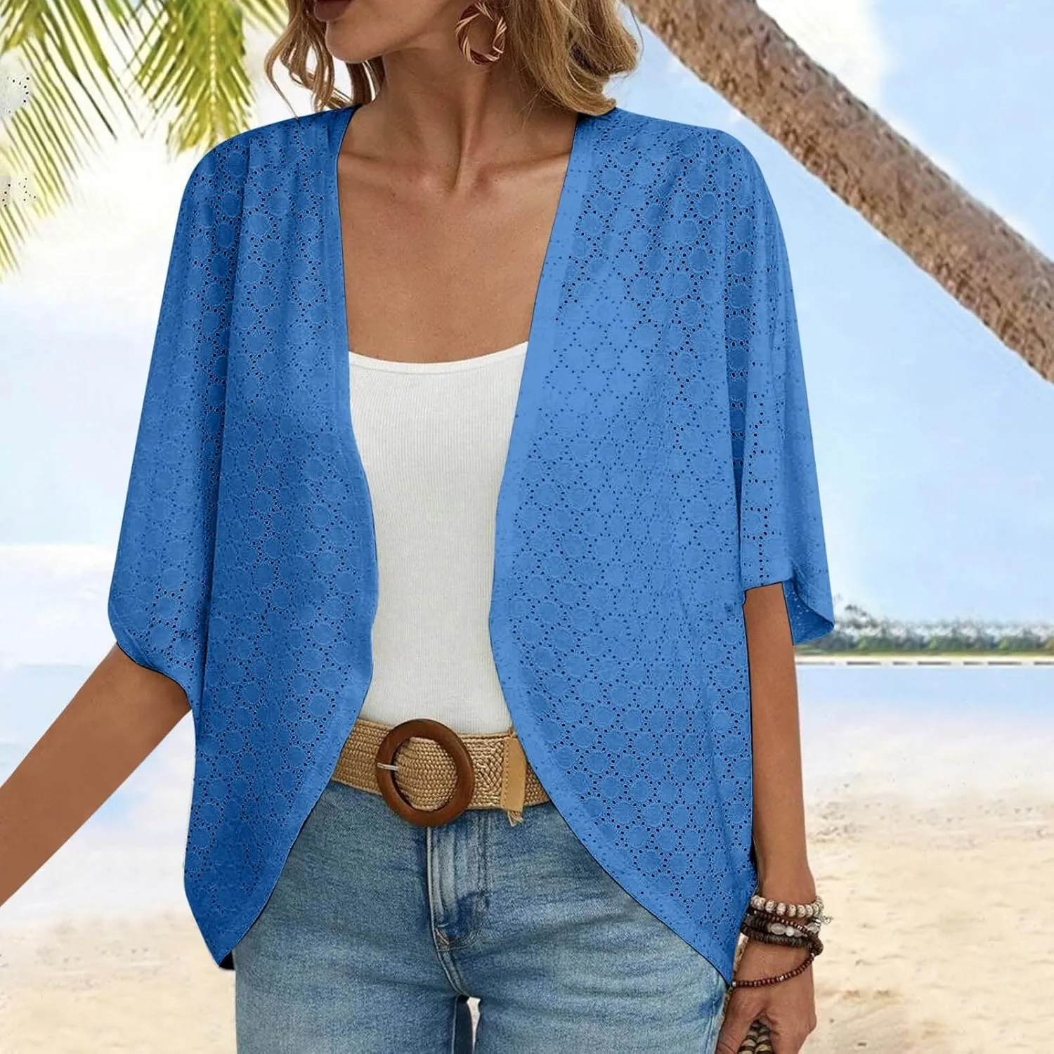 Mzkdieey Women's Eyelet Embroidery Kimono Cardigan Summer Swimsuit Cover Ups Open Front Short Sleeve Beach Robe Resort Wear