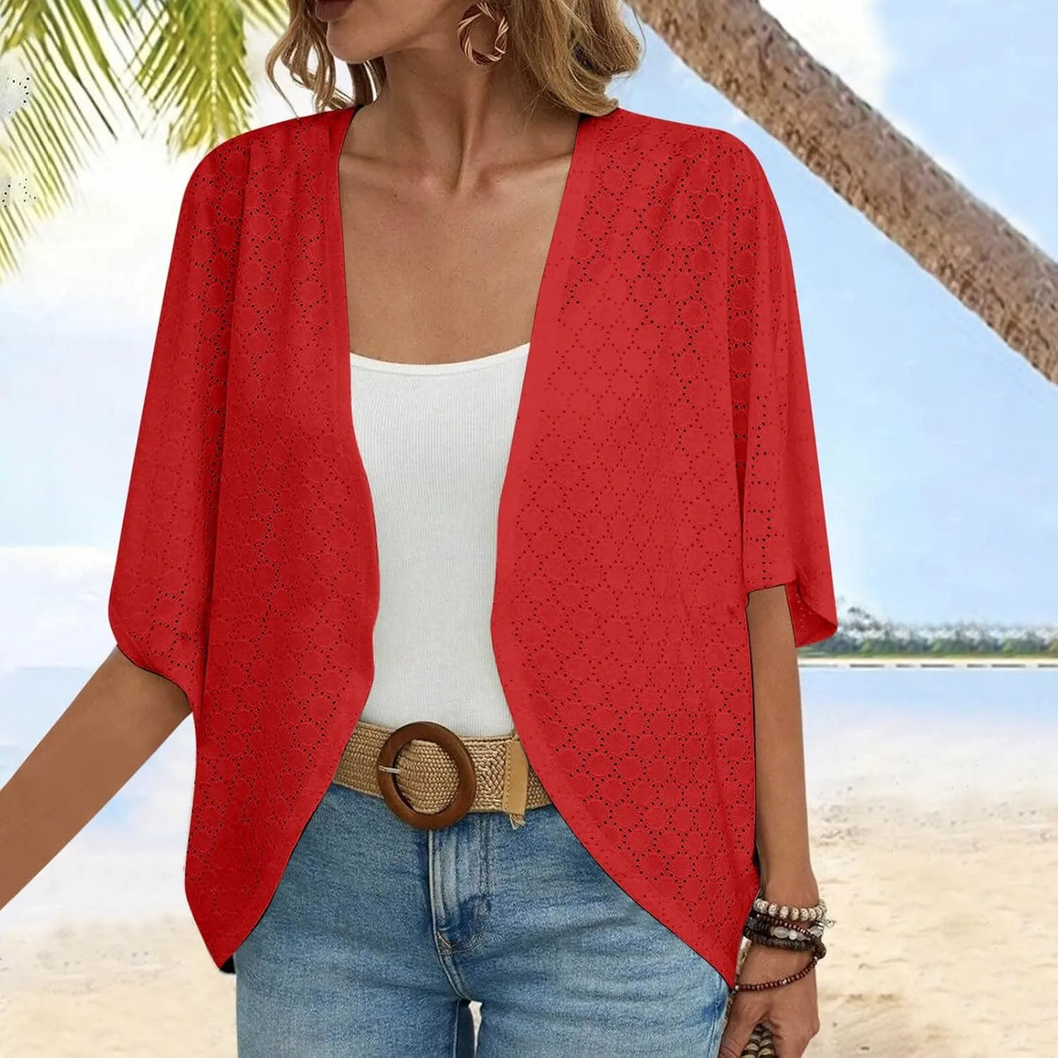 Mzkdieey Women's Eyelet Embroidery Kimono Cardigan Summer Swimsuit Cover Ups Open Front Short Sleeve Beach Robe Resort Wear