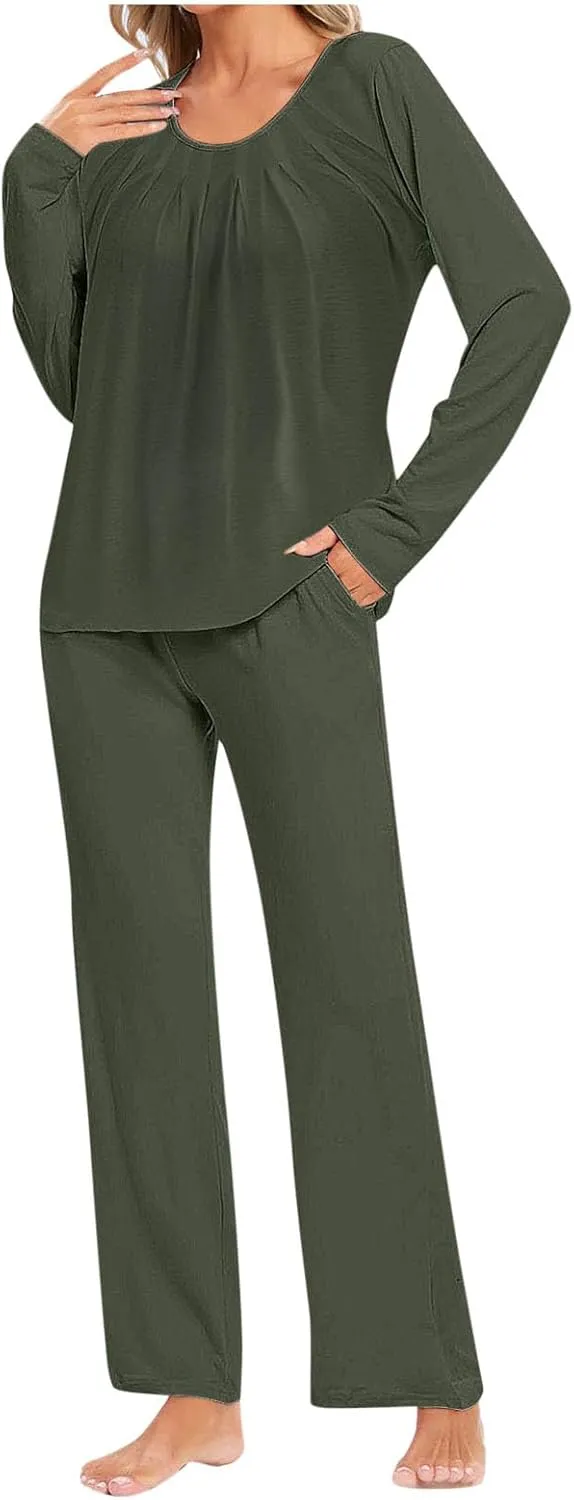 Mzkdieey Women's Fall 2 Piece Pajama Sets Y2K Sleep Set Pleated Sleepwear Ladies Long Sleeve Lounge Outfits Long Pant Pjs