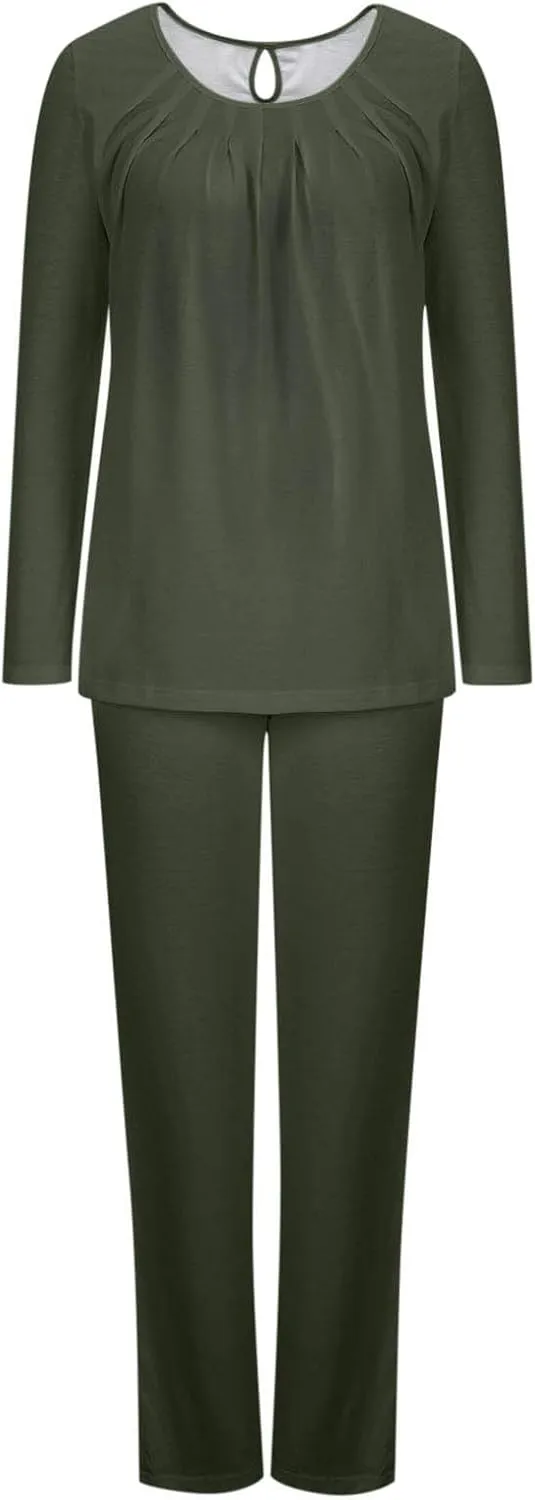 Mzkdieey Women's Fall 2 Piece Pajama Sets Y2K Sleep Set Pleated Sleepwear Ladies Long Sleeve Lounge Outfits Long Pant Pjs