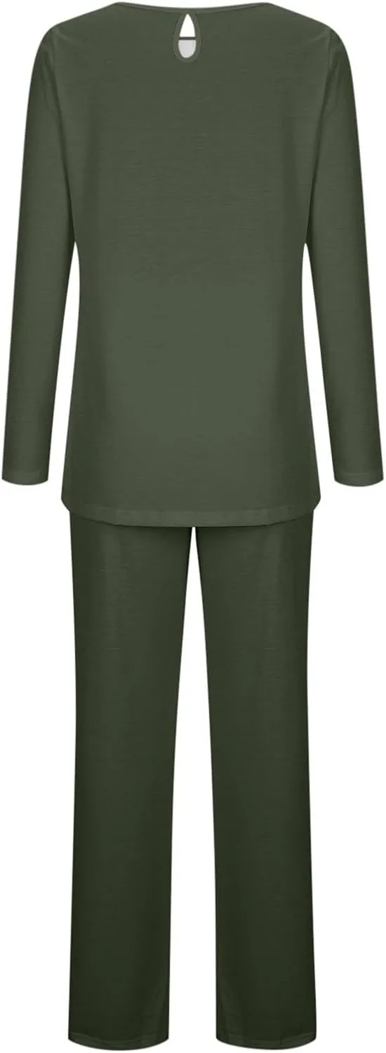 Mzkdieey Women's Fall 2 Piece Pajama Sets Y2K Sleep Set Pleated Sleepwear Ladies Long Sleeve Lounge Outfits Long Pant Pjs