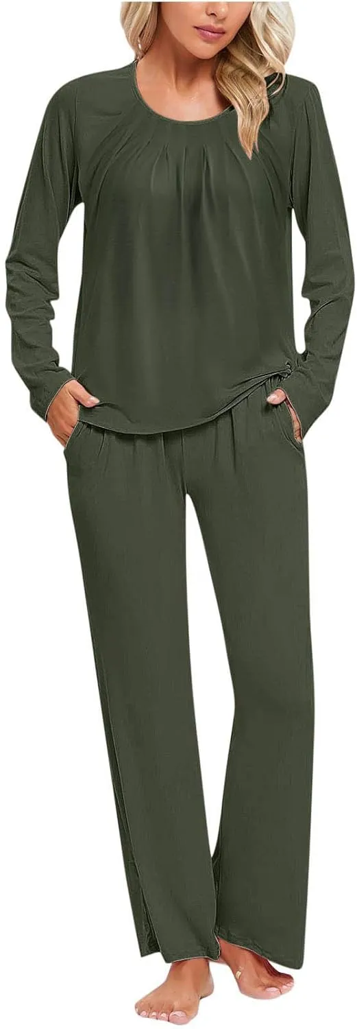 Mzkdieey Women's Fall 2 Piece Pajama Sets Y2K Sleep Set Pleated Sleepwear Ladies Long Sleeve Lounge Outfits Long Pant Pjs