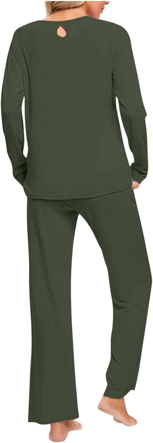 Mzkdieey Women's Fall 2 Piece Pajama Sets Y2K Sleep Set Pleated Sleepwear Ladies Long Sleeve Lounge Outfits Long Pant Pjs