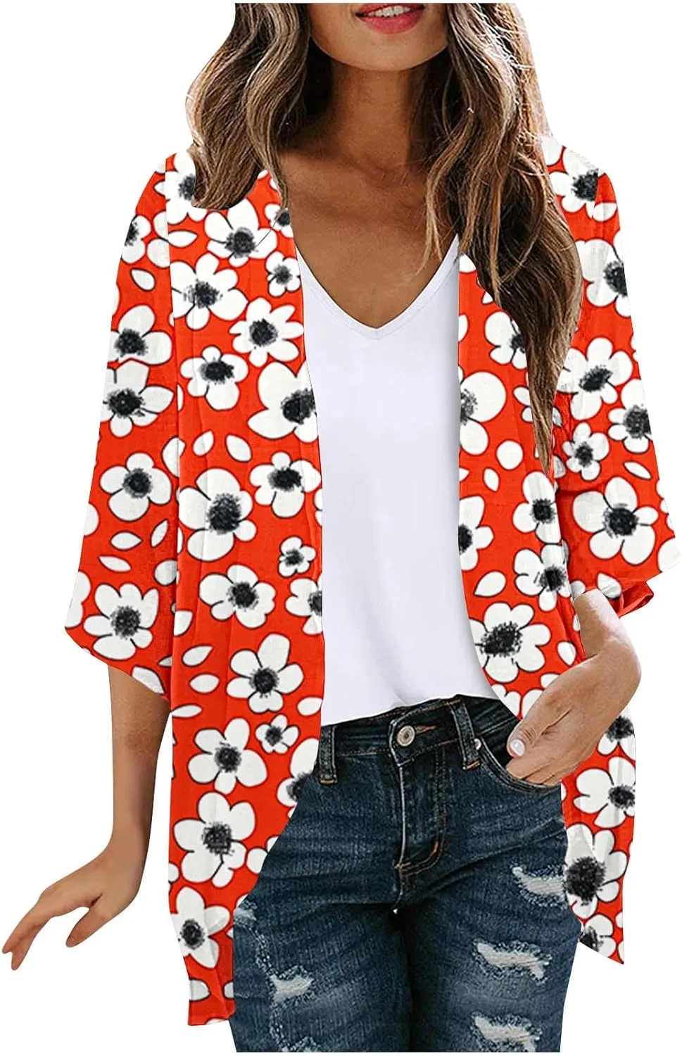 Mzkdieey Womens Kimono Beach Cover Up Chiffon Cardigan Tops Summer Boho Floral Print Chiffon Coverups Casual Loose Capes