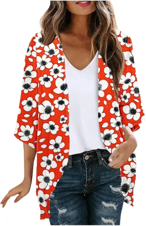 Mzkdieey Womens Kimono Beach Cover Up Chiffon Cardigan Tops Summer Boho Floral Print Chiffon Coverups Casual Loose Capes