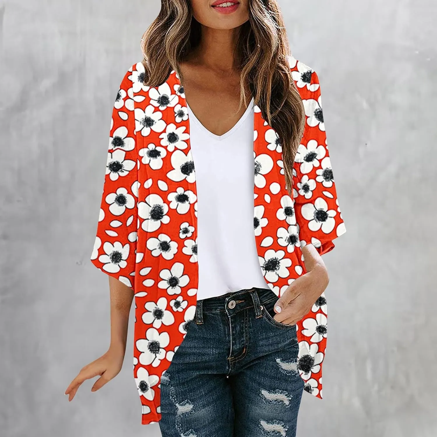 Mzkdieey Womens Kimono Beach Cover Up Chiffon Cardigan Tops Summer Boho Floral Print Chiffon Coverups Casual Loose Capes