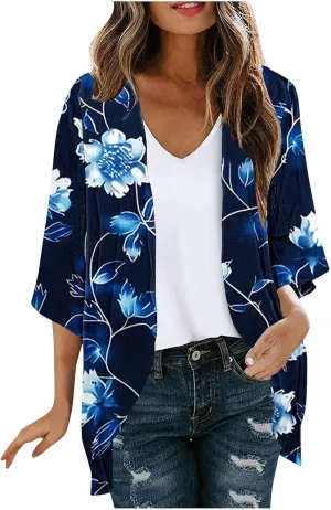 Mzkdieey Womens Kimono Beach Cover Up Chiffon Cardigan Tops Summer Boho Floral Print Chiffon Coverups Casual Loose Capes