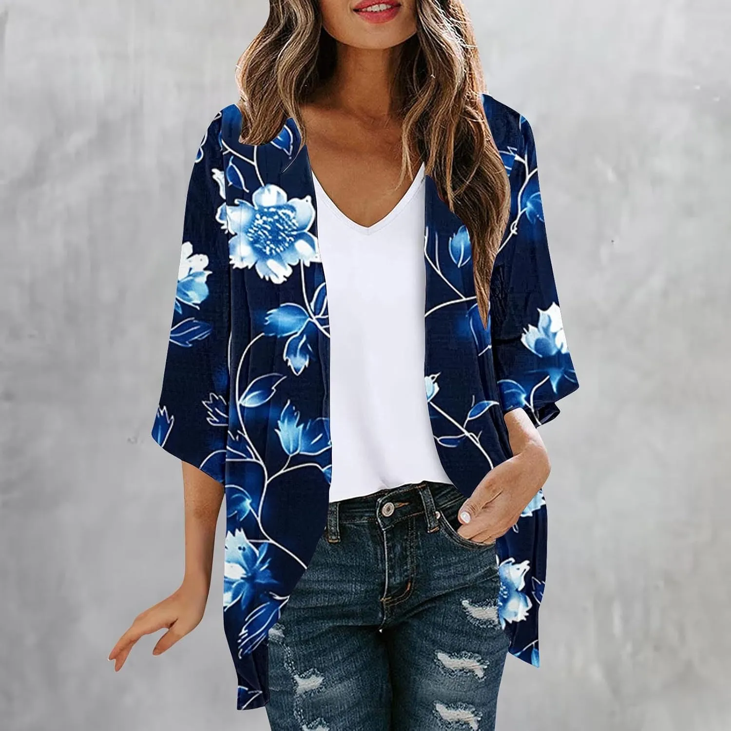 Mzkdieey Womens Kimono Beach Cover Up Chiffon Cardigan Tops Summer Boho Floral Print Chiffon Coverups Casual Loose Capes