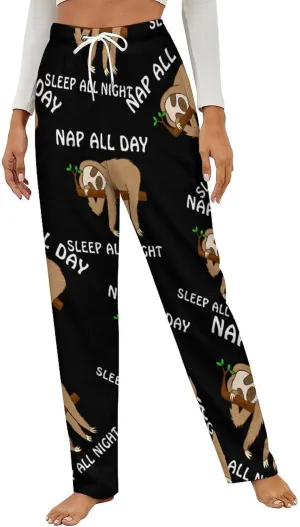 Nap All Day Sleep All Night Sloth Women's Flannel Pajama Pants Fleece Lounge Sleep Bottoms PJ