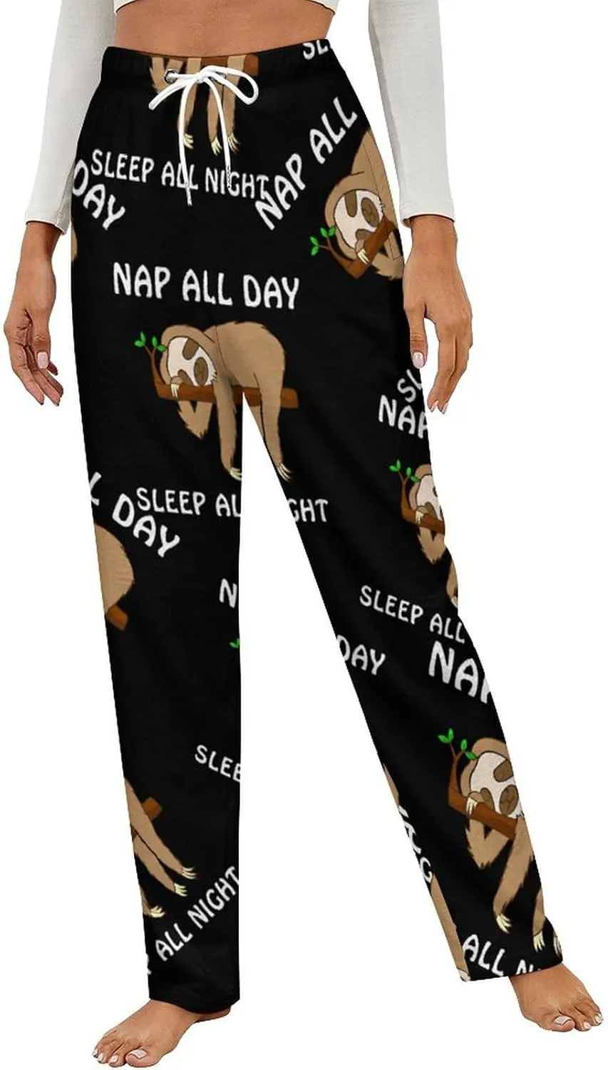 Nap All Day Sleep All Night Sloth Women's Flannel Pajama Pants Fleece Lounge Sleep Bottoms PJ