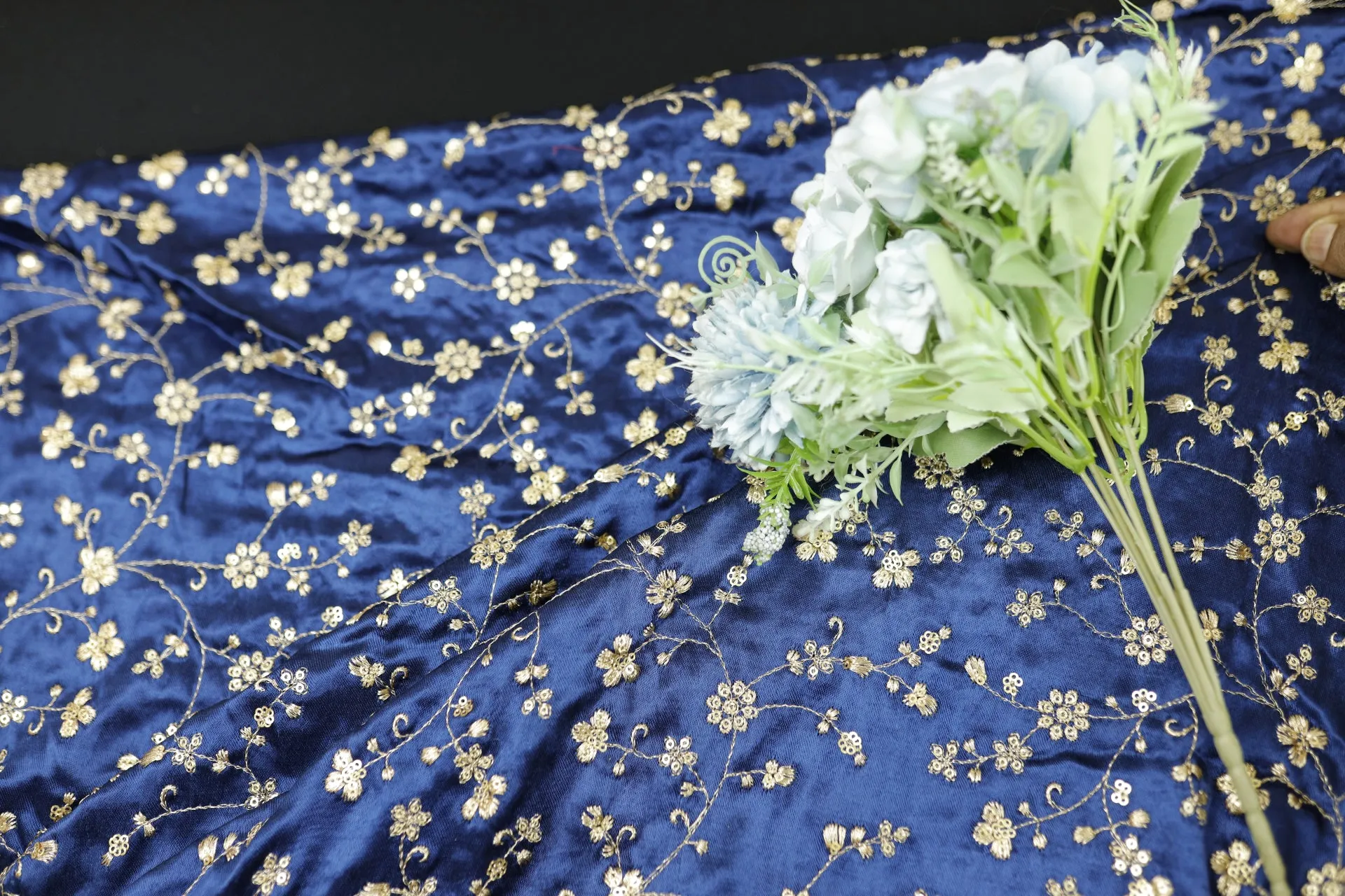 Navy Blue Floral Embroidered Viscose Gaji Silk Fabric (Wholesale)