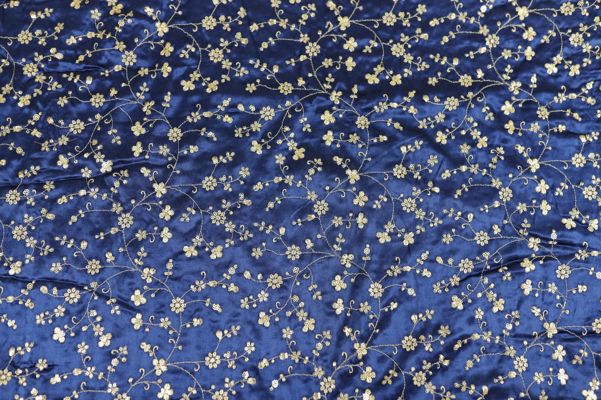 Navy Blue Floral Embroidered Viscose Gaji Silk Fabric (Wholesale)