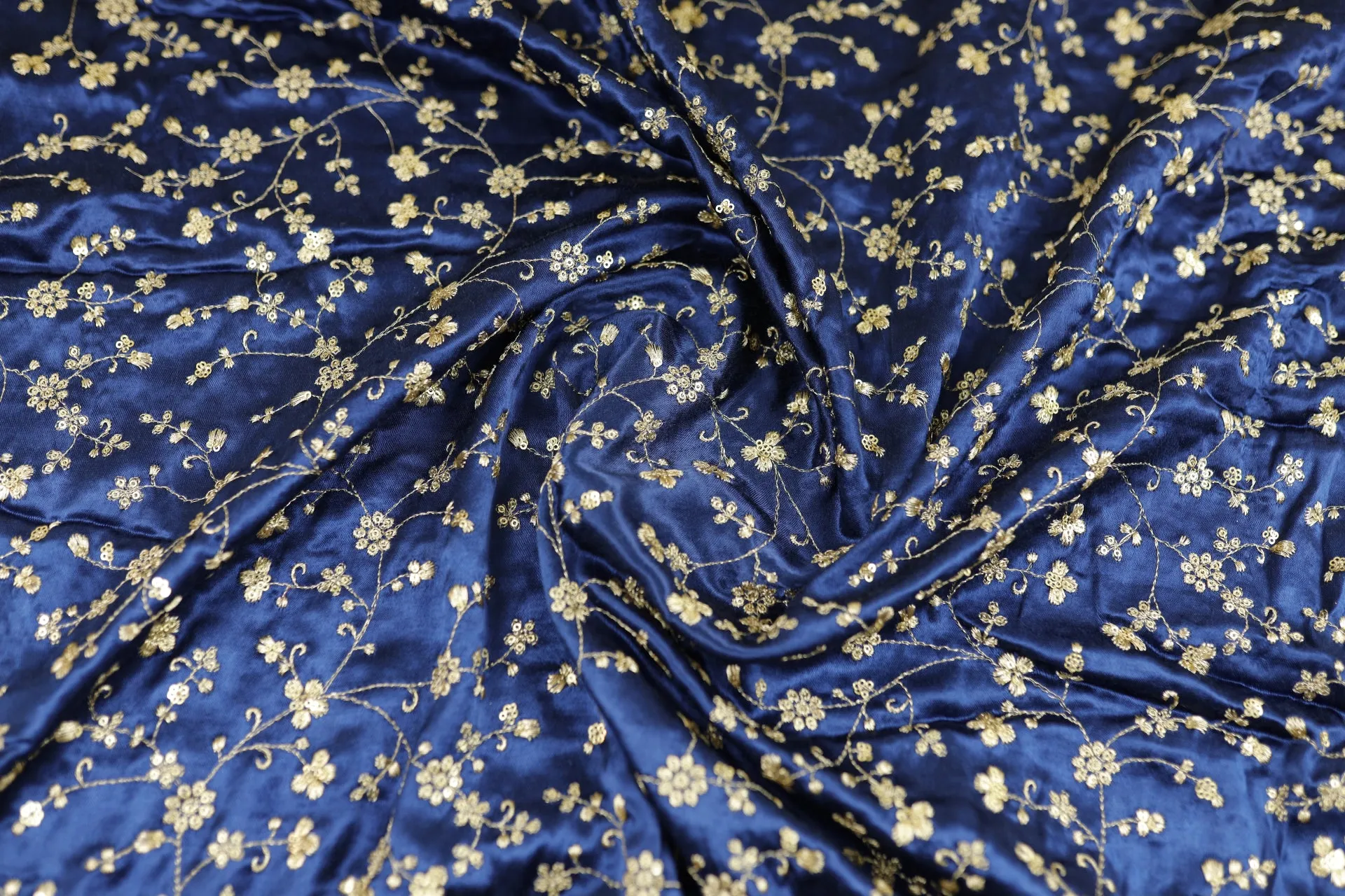 Navy Blue Floral Embroidered Viscose Gaji Silk Fabric (Wholesale)