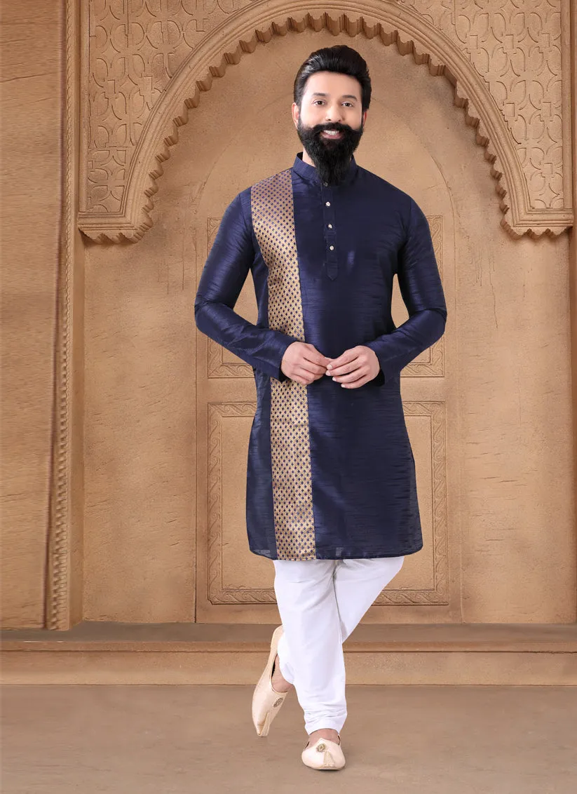 Navy Blue Silk Mens Kurta Pajama Set