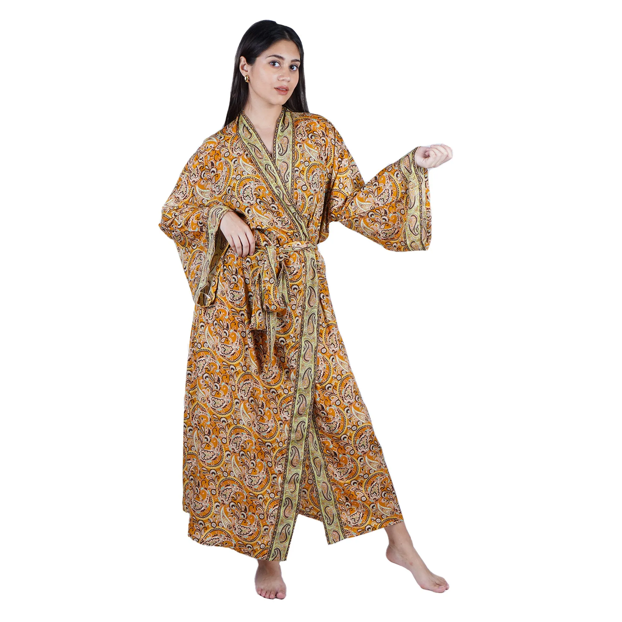 New Luxury Silk Boho Kimono House Robe - Mustard Yellow Paisley