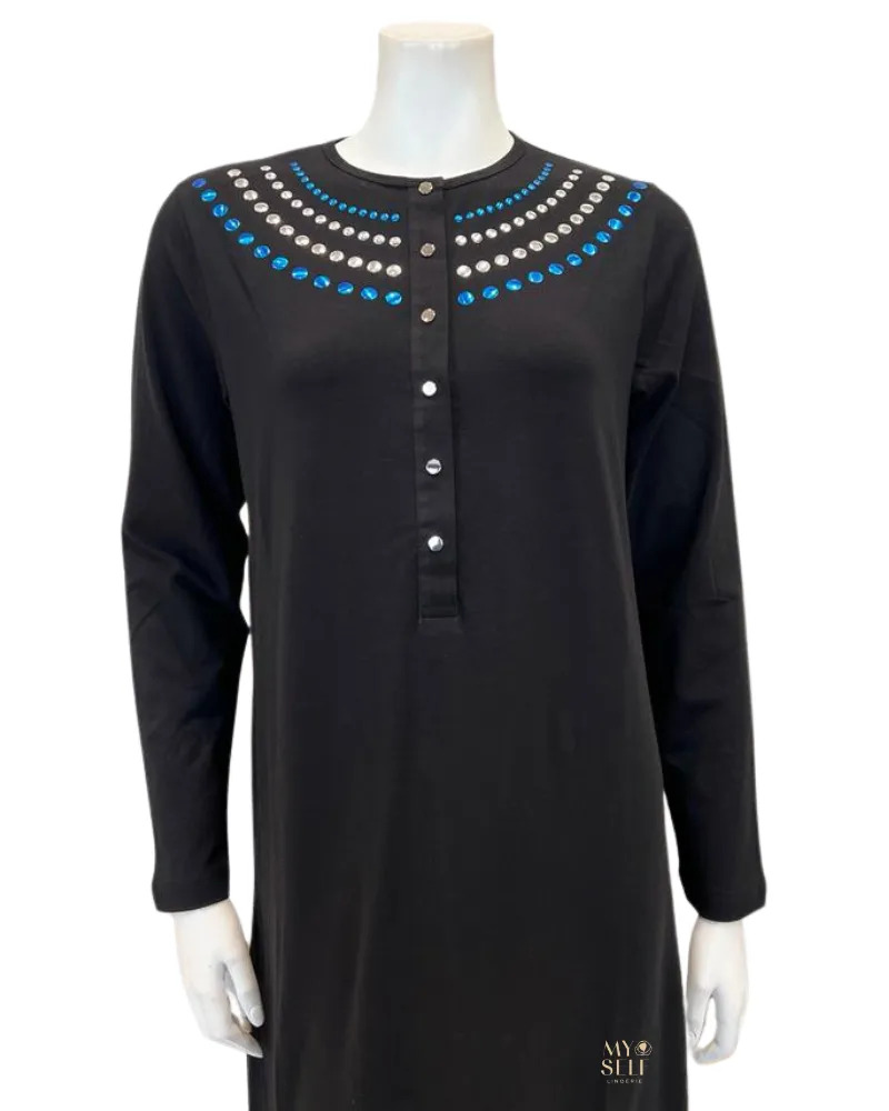 Nico Italy Blue Silver Studs Snap Front Cotton Nightgown