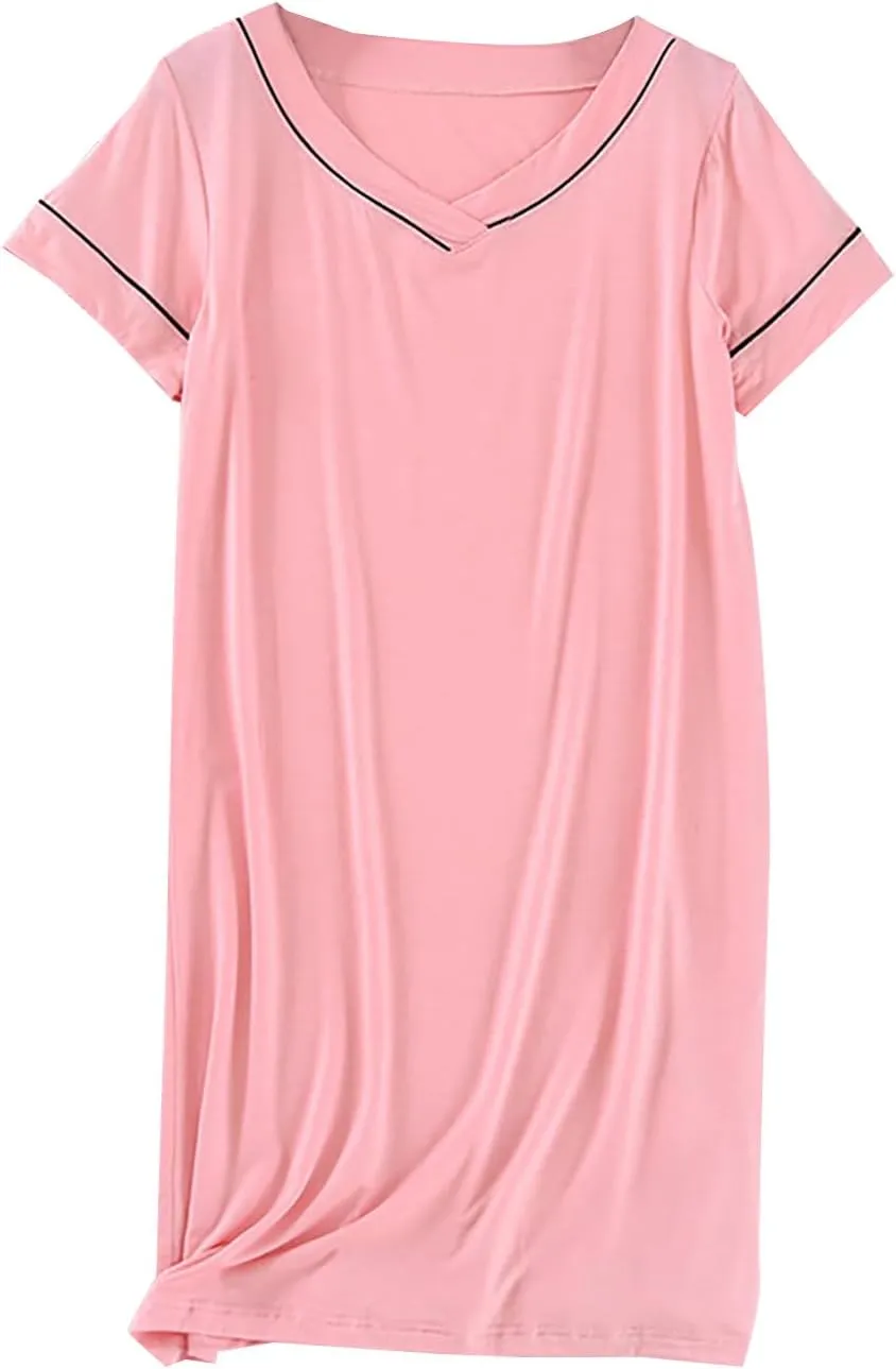 Nightgown for Women Modal Nightdress Loose Tshirt Dresses V Neck House Dress Knee Length Sleepwear Soft Nightgowns