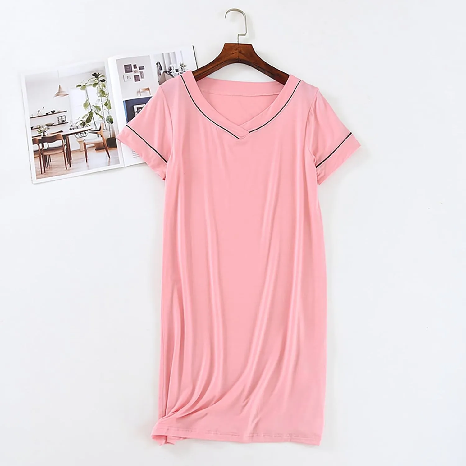 Nightgown for Women Modal Nightdress Loose Tshirt Dresses V Neck House Dress Knee Length Sleepwear Soft Nightgowns