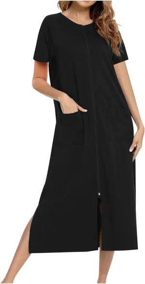 Nightgowns for Women Zip Front Nightshirt Short Sleeve Sleepwear Loose Crewneck Soft Summer Sleep Dress with Pockets