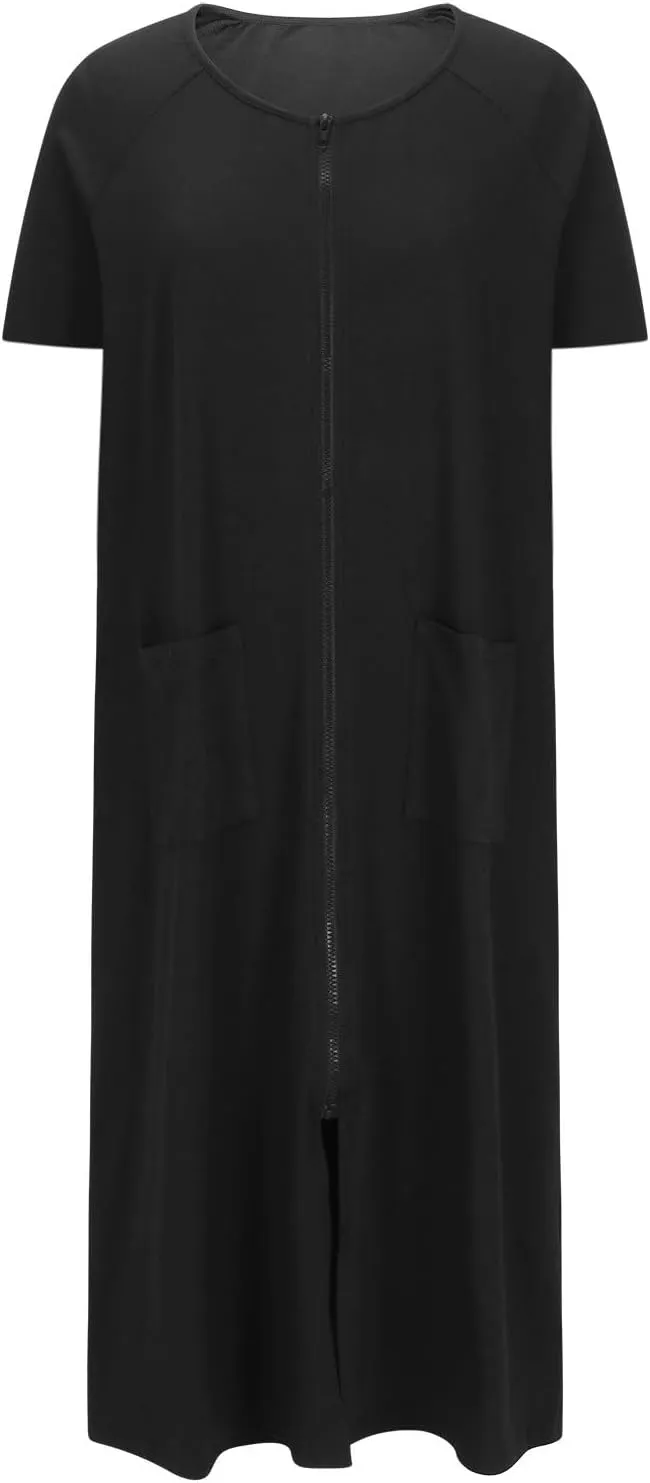 Nightgowns for Women Zip Front Nightshirt Short Sleeve Sleepwear Loose Crewneck Soft Summer Sleep Dress with Pockets