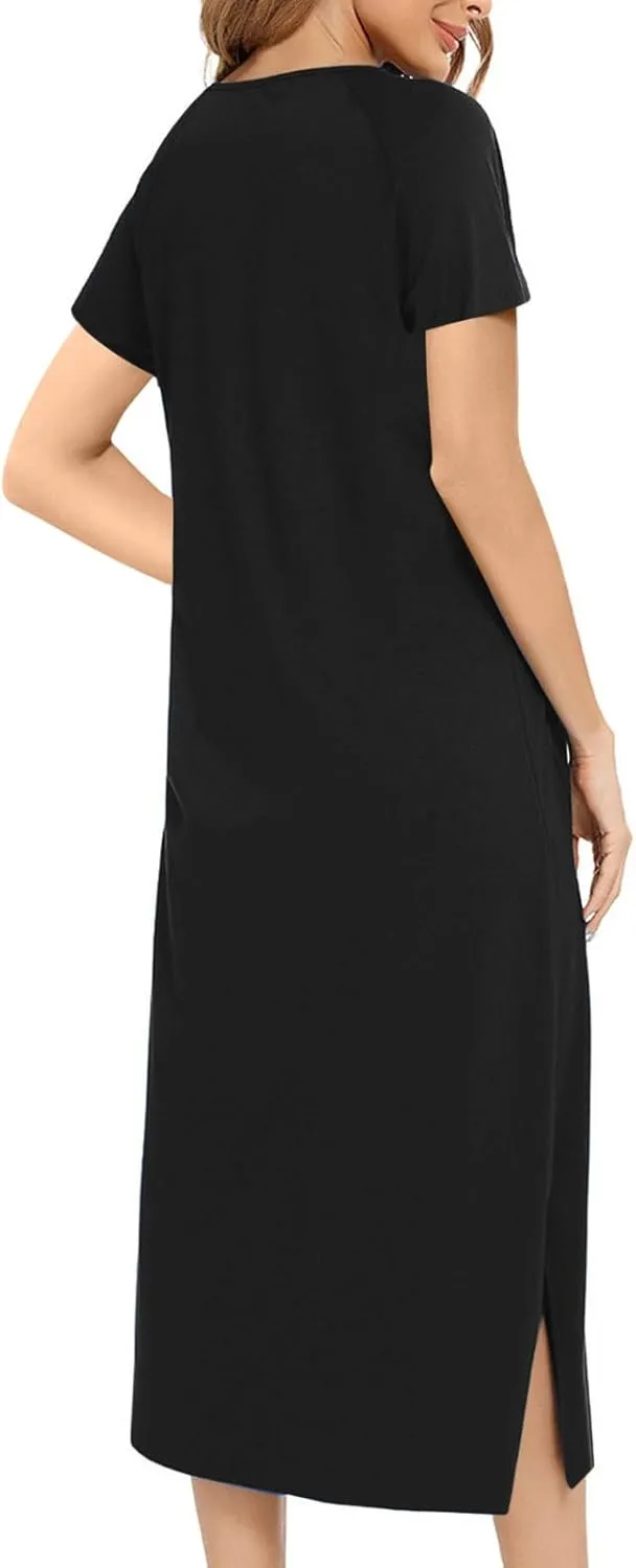 Nightgowns for Women Zip Front Nightshirt Short Sleeve Sleepwear Loose Crewneck Soft Summer Sleep Dress with Pockets