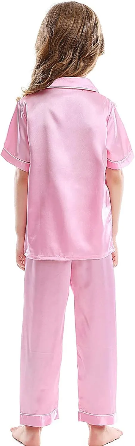 nisex Satin Silk ajamas Set oys irls j's Short Sleeve 2Pcs leepwear Long Pants Button Down ids ightwear