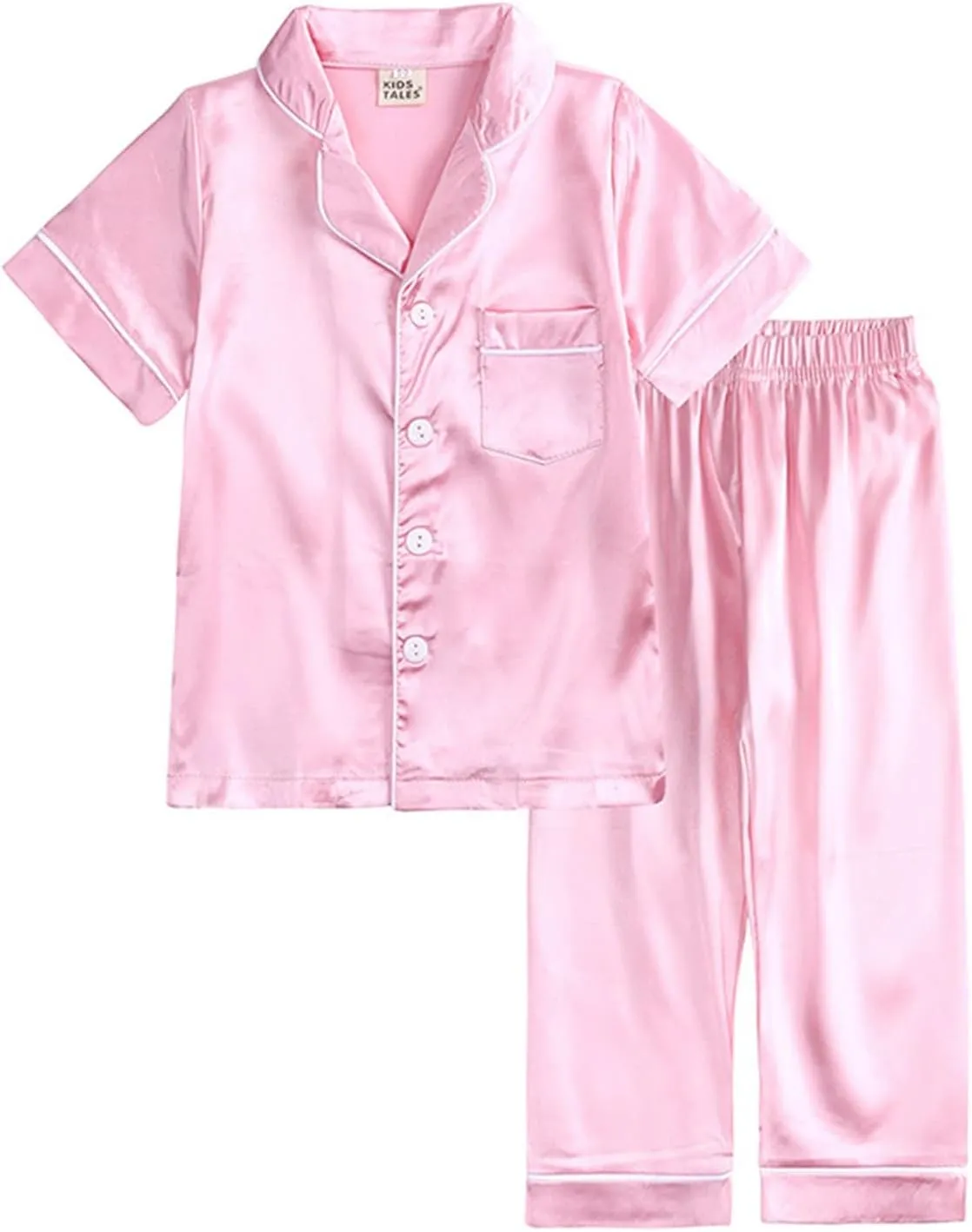 nisex Satin Silk ajamas Set oys irls j's Short Sleeve 2Pcs leepwear Long Pants Button Down ids ightwear