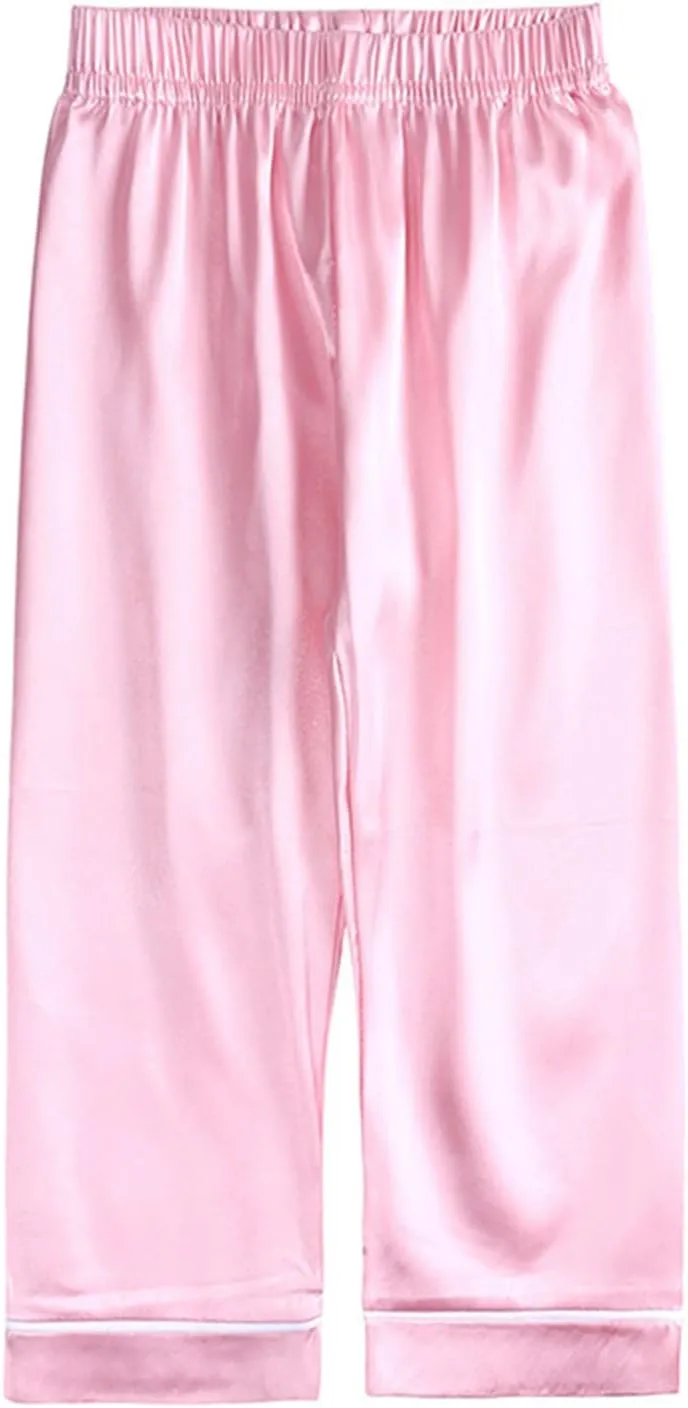 nisex Satin Silk ajamas Set oys irls j's Short Sleeve 2Pcs leepwear Long Pants Button Down ids ightwear