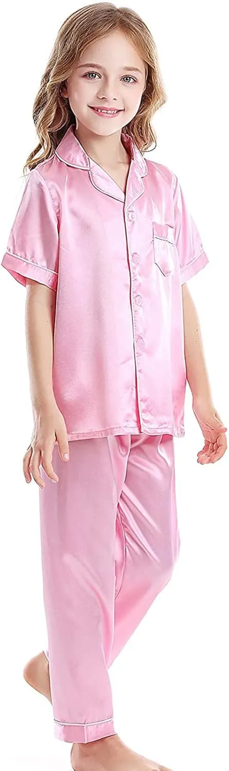 nisex Satin Silk ajamas Set oys irls j's Short Sleeve 2Pcs leepwear Long Pants Button Down ids ightwear