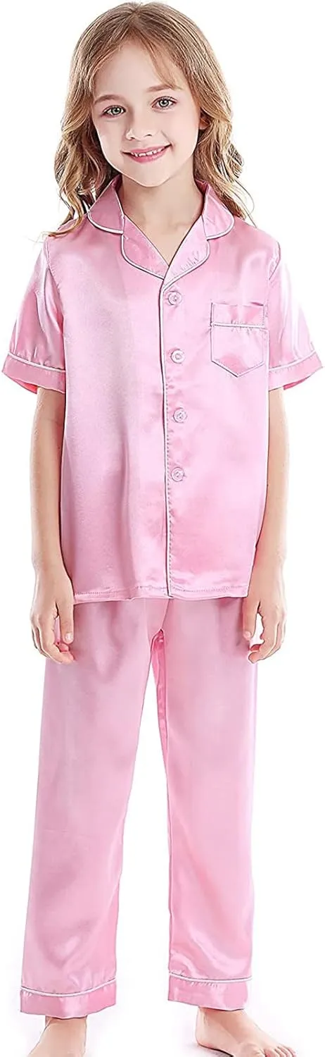 nisex Satin Silk ajamas Set oys irls j's Short Sleeve 2Pcs leepwear Long Pants Button Down ids ightwear