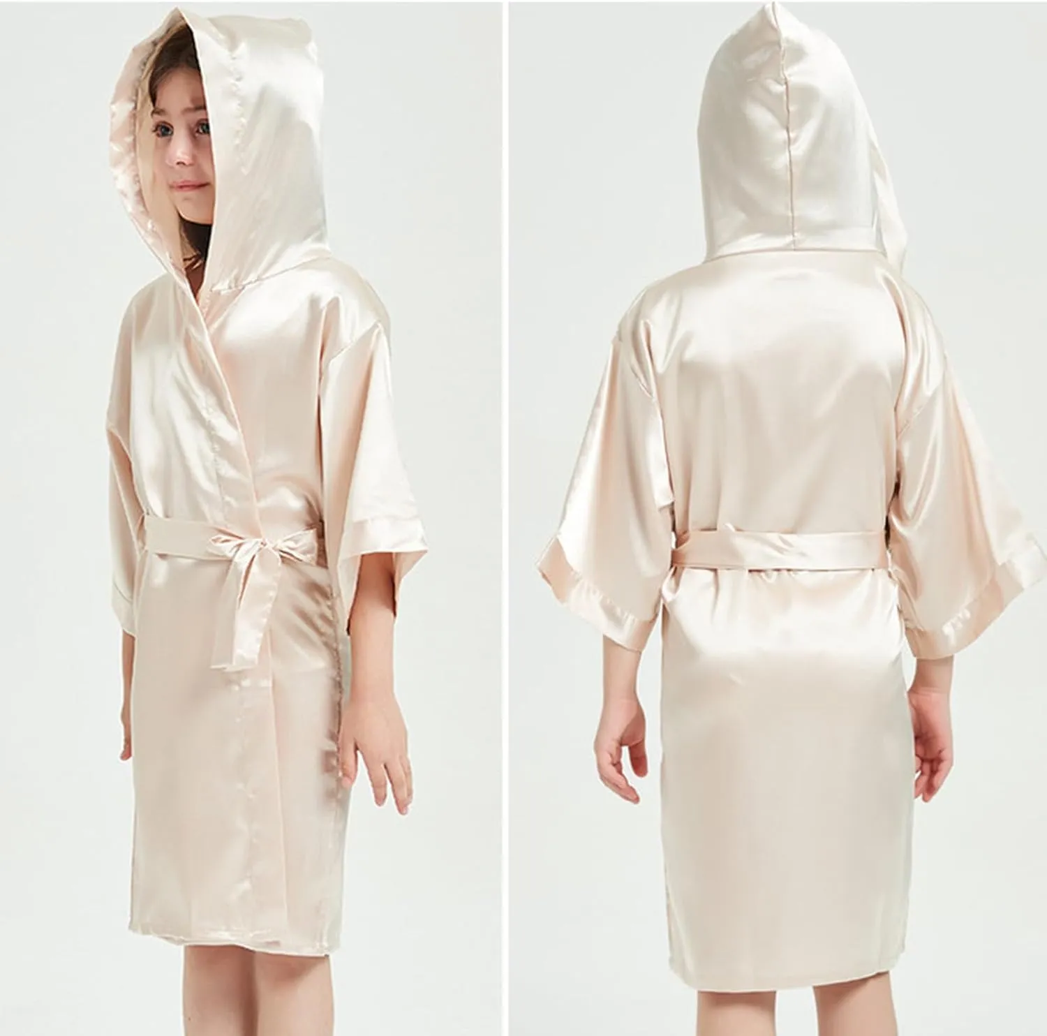 oddler irls' One-Piece Set Summer Unisex Silk Satin Sleepwear Outfits Classic Hooded Robe Pajamas with Belt