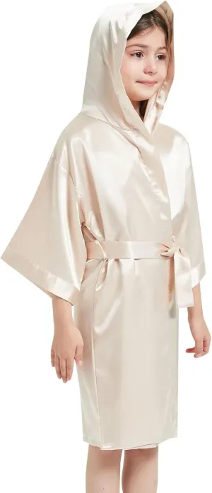oddler irls' One-Piece Set Summer Unisex Silk Satin Sleepwear Outfits Classic Hooded Robe Pajamas with Belt