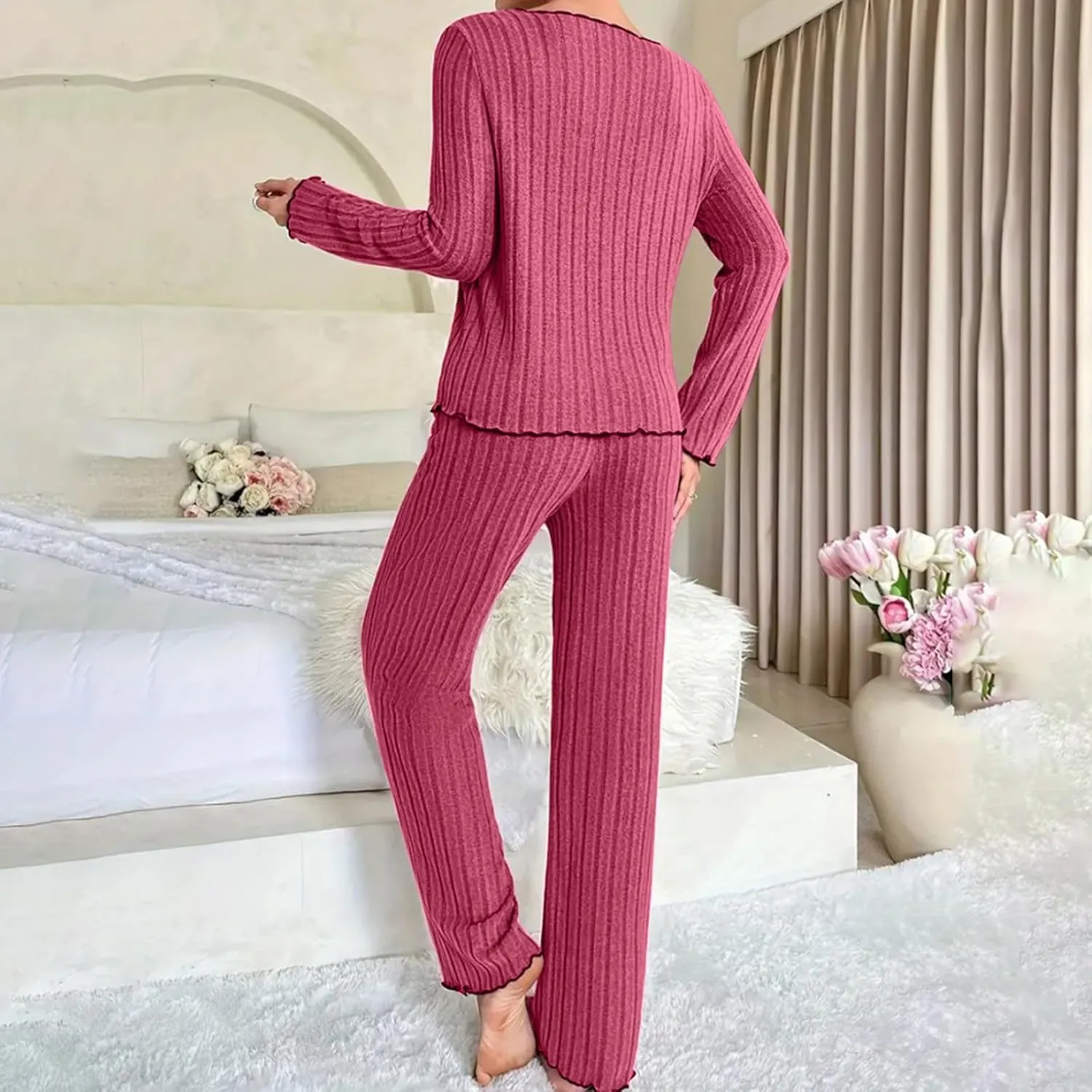 Oplxuo Pajama Sets for Women Cute Bow V-Neck Long Sleeve Ribbed Knit Sleepwear Matching Long Pants Comfy Lounge Pjs Outfits