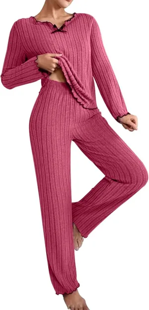 Oplxuo Pajama Sets for Women Cute Bow V-Neck Long Sleeve Ribbed Knit Sleepwear Matching Long Pants Comfy Lounge Pjs Outfits