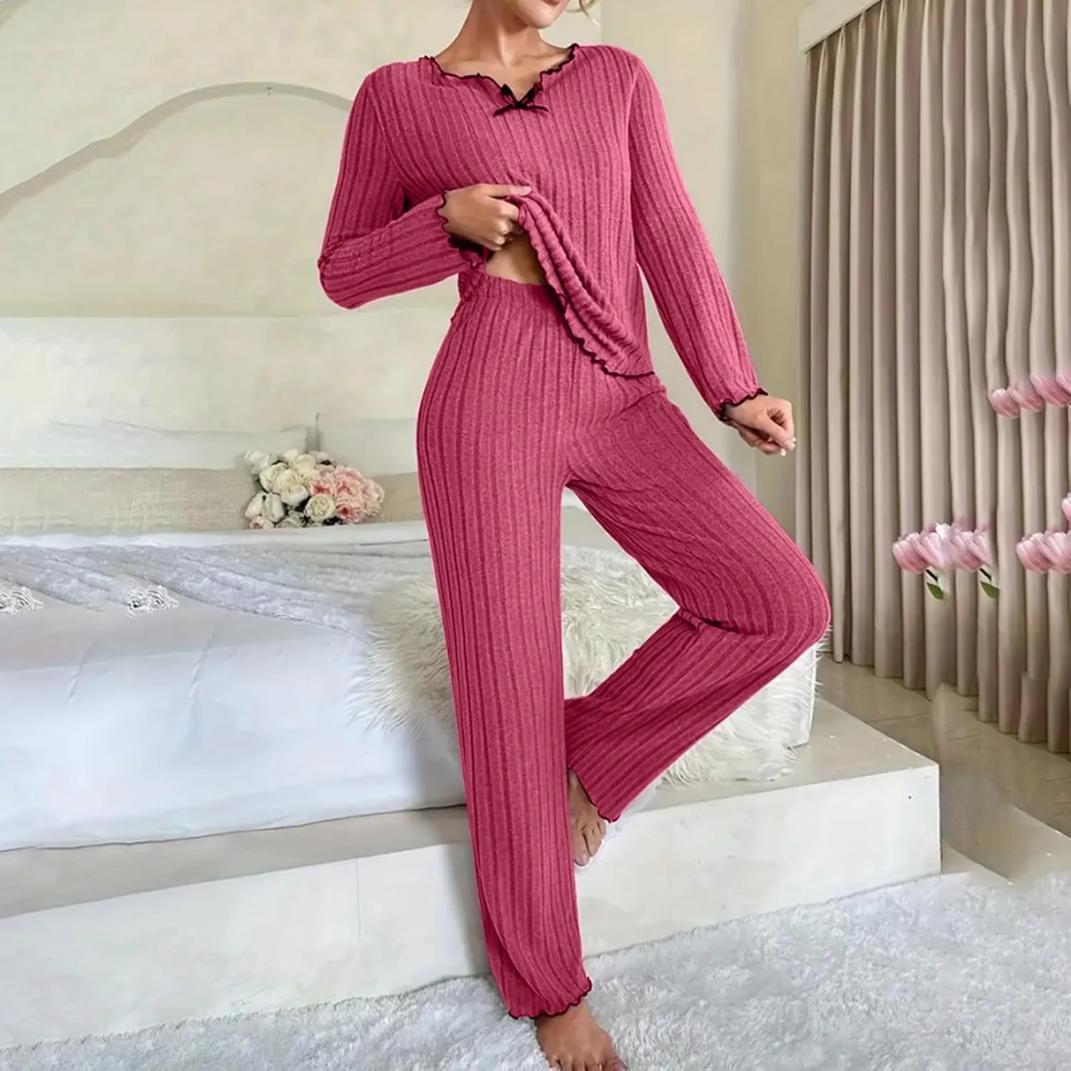 Oplxuo Pajama Sets for Women Cute Bow V-Neck Long Sleeve Ribbed Knit Sleepwear Matching Long Pants Comfy Lounge Pjs Outfits
