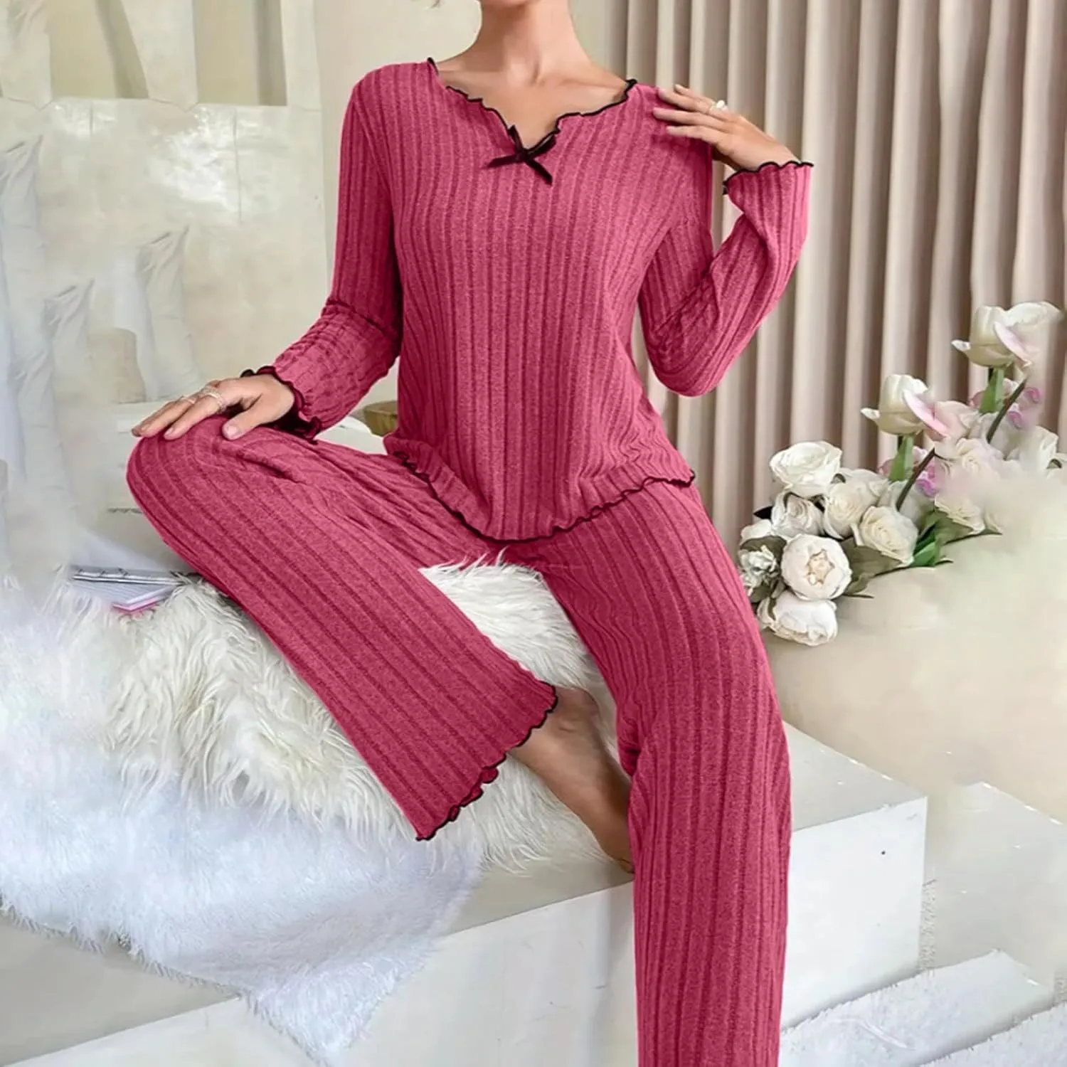 Oplxuo Pajama Sets for Women Cute Bow V-Neck Long Sleeve Ribbed Knit Sleepwear Matching Long Pants Comfy Lounge Pjs Outfits