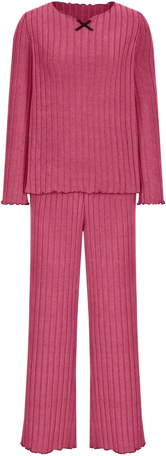Oplxuo Pajama Sets for Women Cute Bow V-Neck Long Sleeve Ribbed Knit Sleepwear Matching Long Pants Comfy Lounge Pjs Outfits